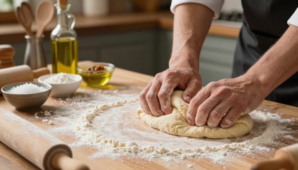 A close-up view of a chef's hands skillfully preparing pizza dough on a wooden countertop. The foreground features a floured surface with an elegant pile of dough being kneaded, showcasing the texture and elasticity of the yeast-based mixture. In the middle ground, there are bowls of fresh ingredients like olive oil, sea salt, and a sprinkle of flour, creating a vibrant and inviting scene. The background displays a rustic kitchen setting with warm, soft lighting that evokes a cozy atmosphere, highlighting kitchen utensils and a rolling pin. The overall mood is inviting and homely, perfect for illustrating the art of pizza dough preparation for freezing while maintaining its flavor and flexibility. A close-up view of a chef's hands skillfully preparing pizza dough on a wooden countertop. The foreground features a floured surface with an elegant pile of dough being kneaded, showcasing the texture and elasticity of the yeast-based mixture. In the middle ground, there are bowls of fresh ingredients like olive oil, sea salt, and a sprinkle of flour, creating a vibrant and inviting scene. The background displays a rustic kitchen setting with warm, soft lighting that evokes a cozy atmosphere, highlighting kitchen utensils and a rolling pin. The overall mood is inviting and homely, perfect for illustrating the art of pizza dough preparation for freezing while maintaining its flavor and flexibility.