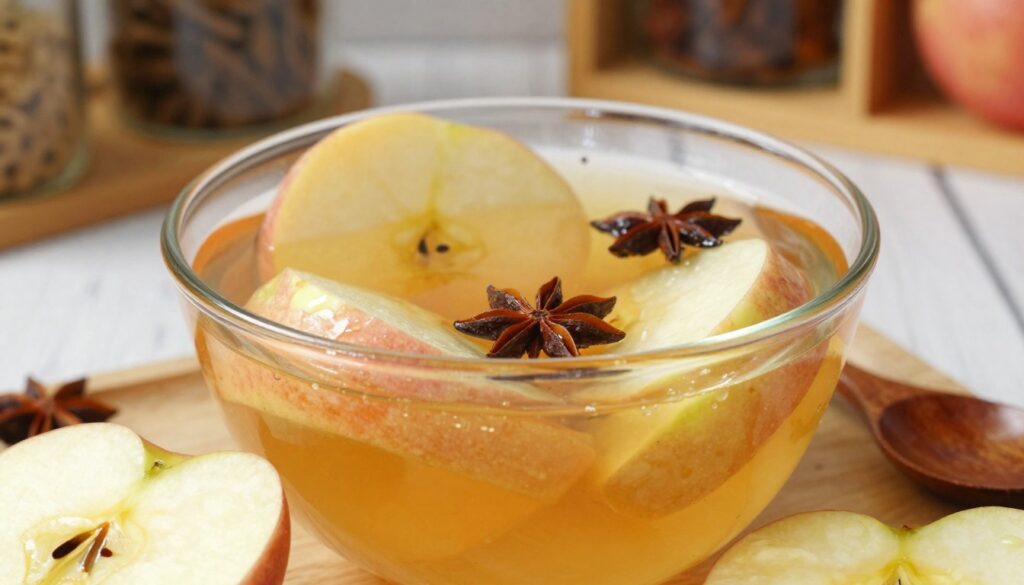 A close-up view of a clear, aromatic apple compote in a beautifully crafted glass bowl, glistening under soft, natural lighting. The vibrant, translucent liquid shows slices of fresh, juicy apples infused with spices like cinnamon and star anise, creating an inviting and warm atmosphere. In the foreground, delicate apple slices decorate the rim of the bowl. The middle ground features a wooden spoon resting near the bowl, suggesting a casual yet elegant setting. In the background, a cozy kitchen environment with rustic wooden shelves holding jars of additional spices and fruits, enhancing the homey feel. The overall mood evokes warmth, comfort, and mouthwatering freshness, ideal for illustrating a delectable recipe variation.