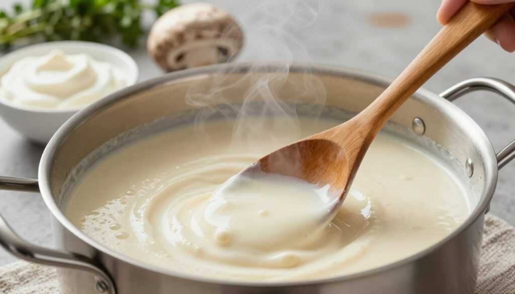 A close-up view of a creamy mushroom soup being elegantly prepared. In the foreground, a wooden spoon stirs a rich, velvety mixture in a stainless steel pot, with wisps of steam rising. In the middle ground, a small bowl of fresh sour cream sits beside a whole mushroom, highlighting the process of making the soup creamy without curdling. Soft, natural lighting illuminates the scene from an overhead angle, creating a warm and inviting atmosphere. The background features a rustic kitchen countertop and hints of fresh herbs, such as parsley or thyme, suggesting freshness and flavor. The focus remains on the technique of adding cream, emphasizing its smooth texture and pearly sheen, conveying a sense of culinary expertise and comfort.