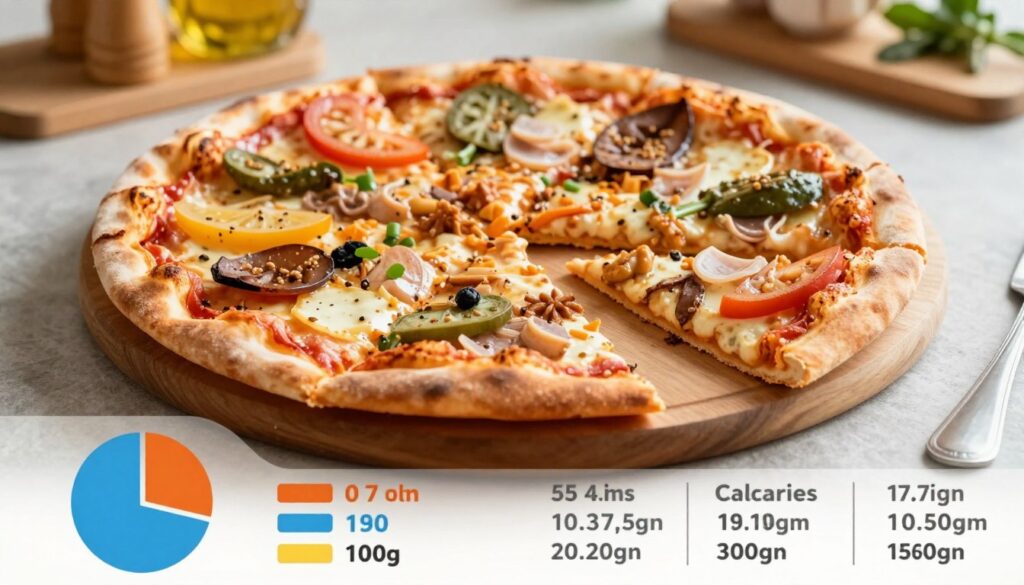 A close-up view of a detailed nutritional infographic about pizza calories, prominently featuring a sliced pizza on a wooden board. The pizza should have a variety of toppings, showcasing different textures and colors, with a focus on their calorie content per 100 grams and per slice. In the foreground, include graphical elements such as colorful pie charts and calorie counts, visually representing the data. The background should be a soft-focus kitchen setting with warm, natural lighting, creating an inviting atmosphere. Use a slight top-down angle to emphasize the infographic's details while keeping the pizza as the focal point.