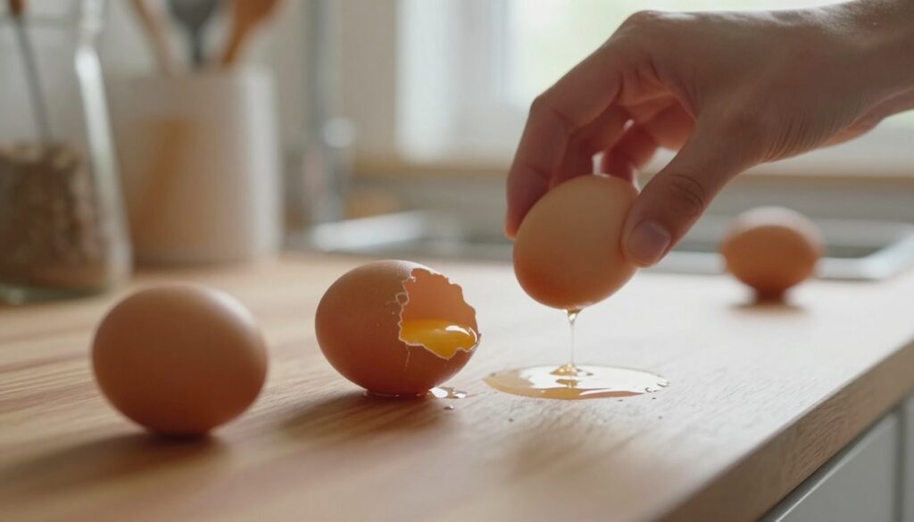 A close-up view of a kitchen countertop featuring several eggs in various stages of being spun, showcasing the technique of test kręcenia jajek. In the foreground, focus on a smooth, polished wooden surface where two eggs are partially rotated, capturing the motion. In the middle ground, a subtle hand gently spins another egg, demonstrating the method of testing for doneness. In the background, soft, diffused natural lighting streams in through a window, adding a warm, inviting atmosphere. Utilize a shallow depth of field to blur out the surrounding kitchen utensils and surfaces slightly, emphasizing the eggs. Aim for a cozy yet informative mood, maintaining a focus on the spinning eggs as the main subject without any distractions. A close-up view of a kitchen countertop featuring several eggs in various stages of being spun, showcasing the technique of test kręcenia jajek. In the foreground, focus on a smooth, polished wooden surface where two eggs are partially rotated, capturing the motion. In the middle ground, a subtle hand gently spins another egg, demonstrating the method of testing for doneness. In the background, soft, diffused natural lighting streams in through a window, adding a warm, inviting atmosphere. Utilize a shallow depth of field to blur out the surrounding kitchen utensils and surfaces slightly, emphasizing the eggs. Aim for a cozy yet informative mood, maintaining a focus on the spinning eggs as the main subject without any distractions.