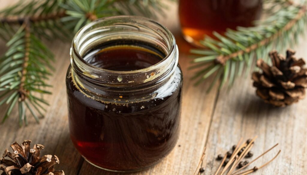 A close-up view of a partially open jar of pine syrup, showcasing the thick, dark liquid with a slightly cloudy appearance, indicating spoilage. Place the jar on a rustic wooden table, surrounded by pine needles and cones to emphasize its natural origin. In the background, softly blurred, depict a contrasting image of fresh, clear syrup and pine branches to illustrate the difference. Use warm, natural lighting to create a cozy atmosphere, highlighting the textures of the jar and the syrup. The angle should be a slightly elevated perspective, capturing the contents of the jar and the surrounding elements in a way that conveys the importance of recognizing spoiled syrup. The overall mood should evoke a sense of caution and awareness in preserving food quality. A close-up view of a partially open jar of pine syrup, showcasing the thick, dark liquid with a slightly cloudy appearance, indicating spoilage. Place the jar on a rustic wooden table, surrounded by pine needles and cones to emphasize its natural origin. In the background, softly blurred, depict a contrasting image of fresh, clear syrup and pine branches to illustrate the difference. Use warm, natural lighting to create a cozy atmosphere, highlighting the textures of the jar and the syrup. The angle should be a slightly elevated perspective, capturing the contents of the jar and the surrounding elements in a way that conveys the importance of recognizing spoiled syrup. The overall mood should evoke a sense of caution and awareness in preserving food quality.