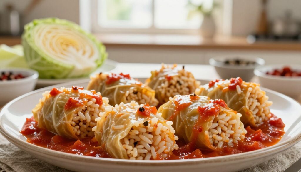 A close-up view of a perfectly prepared plate of stuffed cabbage rolls, also known as "gołąbki," highlighting the luscious, moist rice filling. In the foreground, the gołąbki are arranged neatly on a ceramic plate, with a rich tomato sauce glistening around them. The rice is fluffy and has a slight shine, indicating the ideal consistency that makes the filling stick together well. In the middle ground, a pristine kitchen setting with fresh ingredients like cabbage leaves and bowls of spices is visible, softly blurred to keep the focus on the dish. The background features warm, natural lighting streaming through a window, creating an inviting and homey atmosphere. The overall mood is cozy and appetizing, perfect for capturing the essence of Polish comfort food.