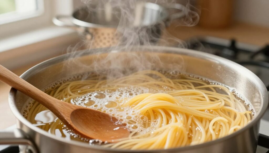 A close-up view of a pot of boiling pasta, with steam rising and small bubbles breaking the surface, showcasing the vibrant golden strands of cooked spaghetti floating in the water. In the foreground, a wooden spoon rests on the edge of the pot, emphasizing the cooking process. In the middle background, a colander sits ready beside the stove, with a soft focused kitchen in warm tones, suggesting a cozy cooking environment. Natural light streams in from a window, casting gentle highlights and soft shadows, enhancing the water's clarity and the pasta's texture. The atmosphere is warm and inviting, evoking the joy of cooking and the anticipation of a delicious meal. A close-up view of a pot of boiling pasta, with steam rising and small bubbles breaking the surface, showcasing the vibrant golden strands of cooked spaghetti floating in the water. In the foreground, a wooden spoon rests on the edge of the pot, emphasizing the cooking process. In the middle background, a colander sits ready beside the stove, with a soft focused kitchen in warm tones, suggesting a cozy cooking environment. Natural light streams in from a window, casting gentle highlights and soft shadows, enhancing the water's clarity and the pasta's texture. The atmosphere is warm and inviting, evoking the joy of cooking and the anticipation of a delicious meal.