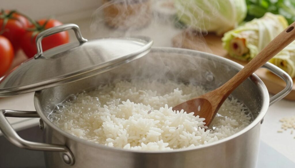 A close-up view of a pot of rice being cooked, with steam rising from the lid. In the foreground, the pot is a shiny stainless steel with rice grains visible through a slightly ajar lid, revealing white fluffy rice. The middle section features a wooden spoon resting against the pot, with a few grains of rice sprinkled on the counter. The background shows a kitchen setting with blurred ingredients like tomatoes, cabbage, and herbs, hinting at stuffed cabbage rolls preparation. Soft, warm lighting illuminates the scene, creating a cozy atmosphere. The angle is slightly overhead, capturing the bubbling rice and the surrounding kitchen environment, evoking the feeling of home cooking and warmth.