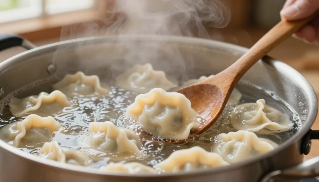 A close-up view of a pot of water just reaching a rolling boil, with delicate, freshly made uszka dumplings gently floating to the surface. In the foreground, the uszka are visible, showcasing their slightly translucent, tender texture, while steam rises from the pot, creating a warm, inviting atmosphere. In the middle ground, a wooden spoon rests beside the pot, hinting at the careful stirring process. The background features a softly blurred kitchen setting with warm light filtering through a window, enhancing the cozy vibe. The scene conveys a feeling of anticipation, focusing on the critical moments of cooking, with rich, natural colors emphasizing the freshness of the ingredients and the warmth of home cooking.