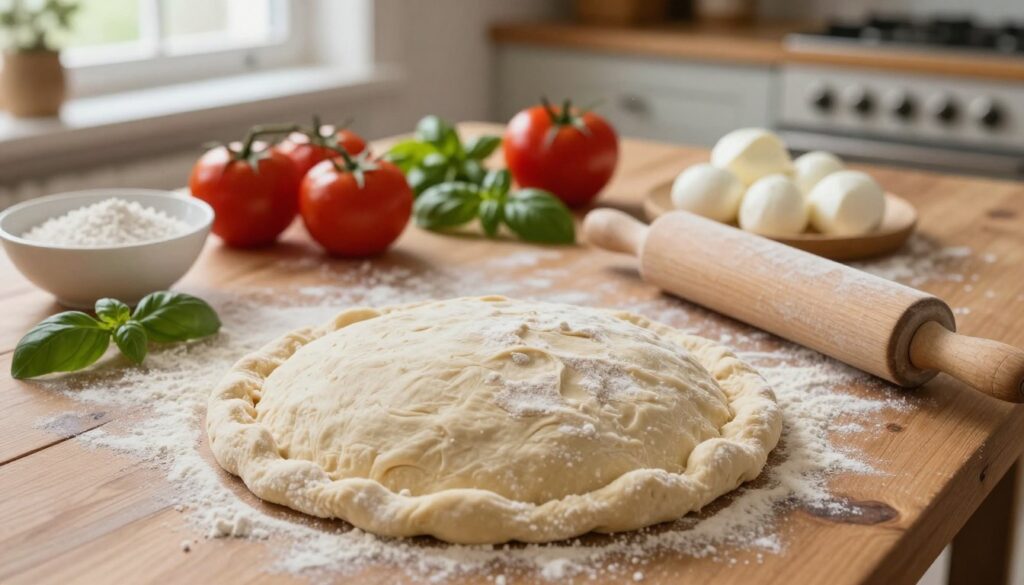 A close-up view of a rustic wooden table showcasing the essential ingredients for making a crispy yet tender pizza crust. In the foreground, there's a bowl of freshly mixed dough, slightly risen and dusted with flour, with a rolling pin nearby. The middle ground features a scattering of pizza toppings like fresh tomatoes, basil, and mozzarella cheese, enticingly arranged. In the background, a warm kitchen with soft, natural light pouring in from a window, making the scene inviting and homey. The atmosphere is cozy and bustling, as if capturing the essence of a busy home kitchen. Capture this from a top-down angle to emphasize the textures of the dough and ingredients.