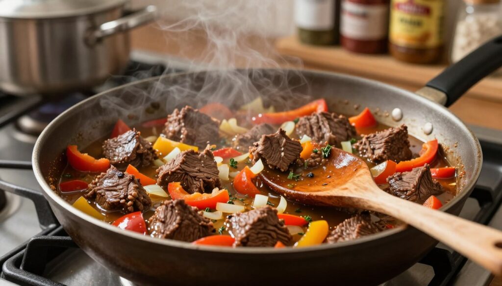 A close-up view of a skillet on a stovetop, steaming with a rich and aromatic beef goulash being prepared. The skillet is filled with tender chunks of meat, colorful bell peppers, and finely chopped onions, all sizzling in a rustic, seasoned broth. In the foreground, there’s a wooden spoon resting against the edge of the skillet, with herbs scattered around, hinting at the flavors infusing the dish. The setting is warmly lit, creating a cozy and inviting kitchen atmosphere, with a blurred background showcasing pots and spices on shelves. The angle captures the vibrant colors and textures, emphasizing the dish's heartiness and warmth, embodying a step-by-step cooking process.