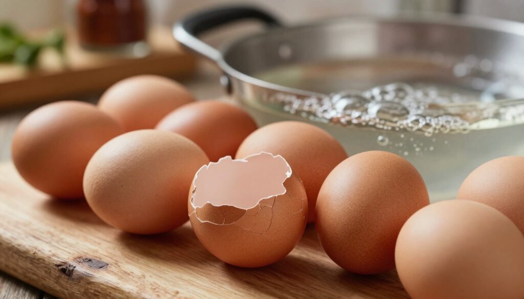 A close-up view of beautifully textured eggshells, featuring a variety of cracked and whole eggs on a rustic wooden surface. The foreground showcases a few eggs with delicate fissures, emphasizing the fragility of their shells, while others remain intact, highlighting the desired state. In the middle ground, a pot of boiling water simmers, with small bubbles gently forming on the surface. The background is softly blurred, resembling a warm kitchen atmosphere with hints of herbs and spices visible on a shelf. Natural sunlight illuminates the scene, casting gentle shadows that enhance the textural details of the eggs. The mood is warm and inviting, suitable for cooking enthusiasts.
