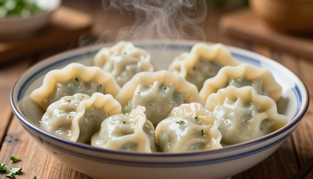 A close-up view of delicious uszek dumplings, elegantly presented in a traditional Polish bowl. The uszek are small, crescent-shaped, with a perfectly sealed edge, showcasing a glossy surface that reflects light beautifully. Steam rises gently from the bowl, indicating their freshness. In the foreground, sprinkle some finely chopped herbs to add a touch of color and freshness. The background is a rustic wooden table, with a subtle blur effect to keep focus on the dumplings. Soft, warm lighting enhances the inviting vibe of the scene, with a shallow depth of field to emphasize the texture of the uszek. The atmosphere is cozy and homey, suggesting a perfect moment of enjoying homemade cuisine.