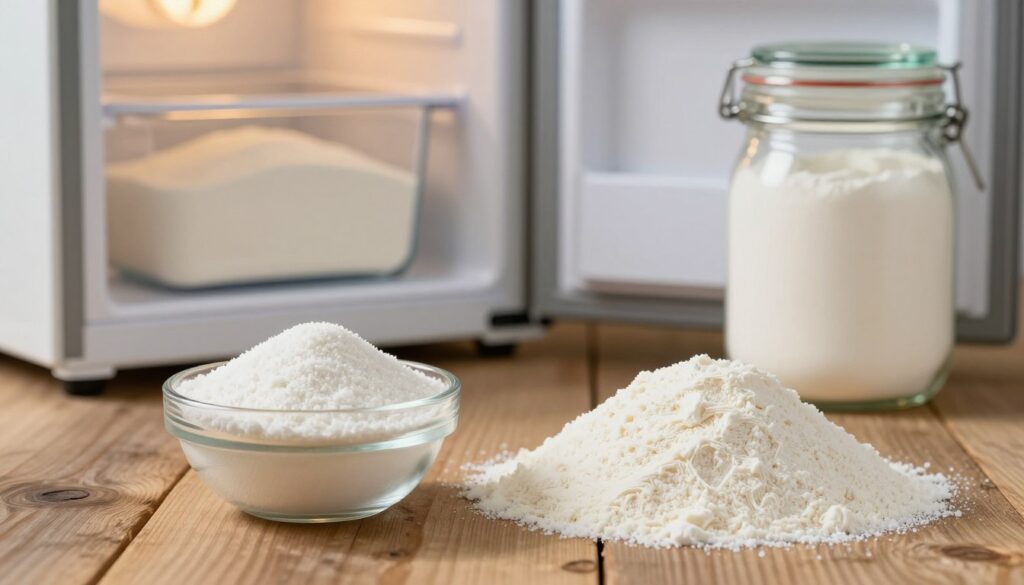 A close-up view of fresh and dry yeast varieties presented side by side on a rustic wooden table. In the foreground, a small bowl of vibrant, granulated dry yeast glistens. Next to it, a mound of fresh yeast sits, showcasing its creamy texture and soft appearance. The middle ground features several storage options: an open refrigerator with a clear glass container for fresh yeast and an airtight jar for the dry yeast. The background softly fades with warm kitchen lighting, highlighting the textures and colors of the yeast. A slight bokeh effect adds depth, creating a cozy cooking atmosphere. The overall mood is inviting and informative, emphasizing the importance of proper yeast storage.