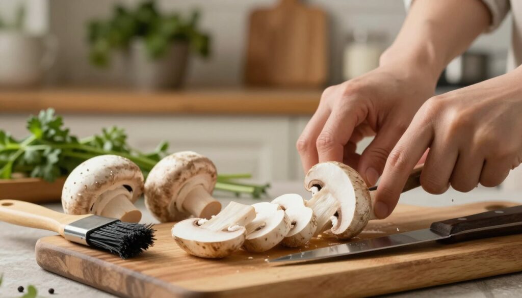 A close-up view of fresh button mushrooms being cleaned and sliced on a wooden cutting board. The foreground features the mushrooms, with a small brush and a knife placed nearby, showcasing the cleaning process. In the middle ground, there’s a rustic kitchen setting with soft, warm lighting that enhances the natural colors of the mushrooms. The background includes softly blurred shelves with various herbs and cooking utensils, creating a homely atmosphere. The scene conveys a sense of freshness and care, highlighting the importance of proper preparation for optimal pizza flavor and texture. The composition should have a cozy and inviting mood, emphasizing the intricate details of the mushrooms and the motion of slicing.
