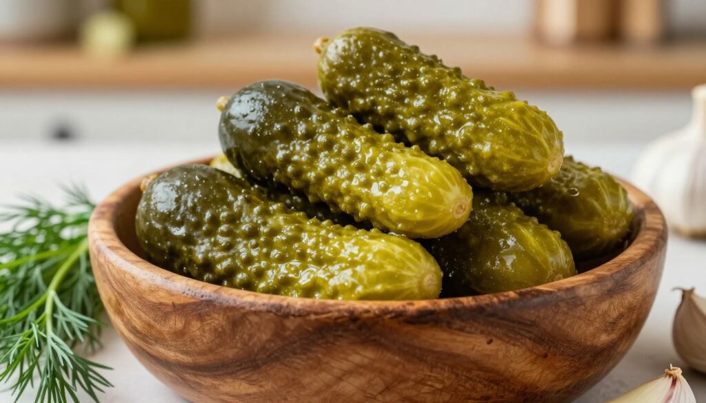 A close-up view of fresh, crunchy Polish pickles, known as "ogórki małosolne," presented in a rustic wooden bowl. The pickles should be vividly green, glistening with moisture, and arranged artfully to highlight their texture. Surrounding the bowl, sprigs of dill and garlic cloves add a touch of flavor, emphasizing the traditional method of preparation. The background features a softly blurred kitchen setting with warm, natural light illuminating the scene, creating an inviting and homely atmosphere. The image should capture the essence of freshness and the appealing crunchiness of the cucumbers, evoking a sense of simplicity and culinary tradition, shot from a low angle to accentuate the details of the pickles.