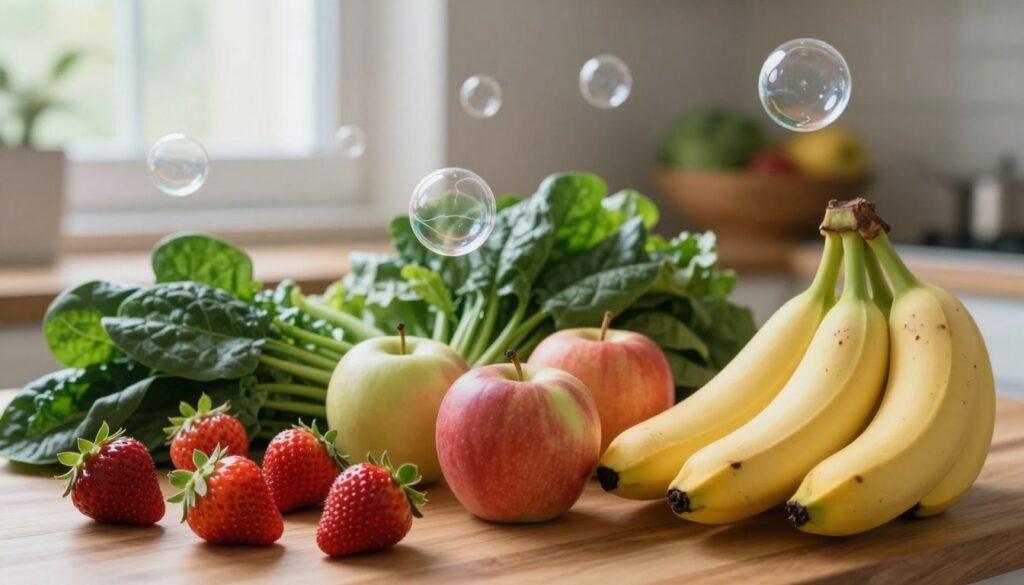 A close-up view of fresh fruits and vegetables placed on a wooden kitchen counter, surrounded by ethylene gas molecules visually represented as delicate, swirling, transparent bubbles. In the foreground, vivid strawberries, apples, and a bunch of ripe bananas illustrate their natural colors and textures. The middle background features leafy greens like spinach and kale, while the faint silhouette of a fruit bowl adds depth. Soft, natural light filters in from a window, casting gentle shadows and highlighting the freshness of the produce. The mood is serene and inviting, emphasizing the delicate balance of ripening and preservation, invoking a sense of freshness and vitality. A close-up view of fresh fruits and vegetables placed on a wooden kitchen counter, surrounded by ethylene gas molecules visually represented as delicate, swirling, transparent bubbles. In the foreground, vivid strawberries, apples, and a bunch of ripe bananas illustrate their natural colors and textures. The middle background features leafy greens like spinach and kale, while the faint silhouette of a fruit bowl adds depth. Soft, natural light filters in from a window, casting gentle shadows and highlighting the freshness of the produce. The mood is serene and inviting, emphasizing the delicate balance of ripening and preservation, invoking a sense of freshness and vitality.