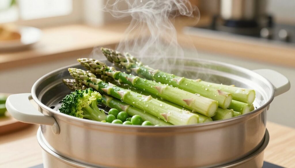 A close-up view of fresh green asparagus spears being steamed in a modern, elegant double-layer steamer. The asparagus should appear vibrant and glistening, with water droplets clinging to the spears, showcasing their freshness. In the foreground, delicate broccoli florets and summer peas can be seen, adding color and variety to the steaming process. The middle layer features the steaming pot, with wisps of steam rising to create a sense of warmth and the promise of deliciousness. Soft, natural daylight streams into the kitchen space, illuminating the scene with a warm glow, creating a cozy, inviting atmosphere. In the background, subtle hints of modern kitchen decor enhance the aesthetic without distracting from the cooking process. Ensure the composition reflects the beauty and simplicity of healthy cooking.