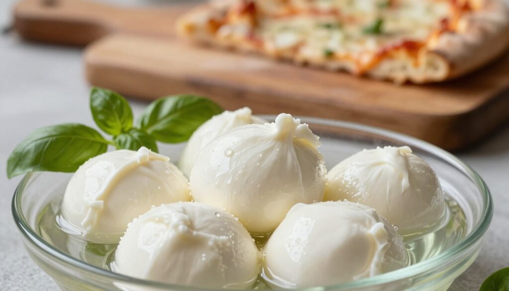 A close-up view of fresh mozzarella balls in their brine, showcasing the smooth, glossy texture of the cheese glistening under soft kitchen lighting. The mozzarella should be placed in a clear, shallow dish, surrounded by fresh basil leaves for an added touch of color and aroma. In the background, a rustic wooden cutting board with a few slices of pizza crust, hinting at the delicious dishes that can be prepared with this cheese. Use a shallow depth of field to blur the background, drawing attention to the mozzarella in the foreground. The atmosphere should be warm and inviting, evoking a sense of home cooking and culinary delight. The composition should be well-balanced, with natural light illuminating the scene effortlessly.
