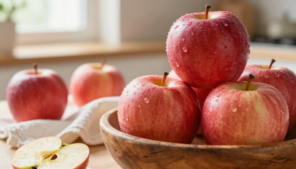 A close-up view of fresh, vibrant red apples stacked in a rustic wooden bowl, glistening with a hint of dew to depict their freshness. In the foreground, one apple is partially sliced to showcase its juicy interior, emphasizing the texture and color variations. In the middle ground, a few whole apples are placed beside a soft, white linen cloth, suggestive of the preparation process. The background features a soft-focus kitchen setting with warm, natural light streaming in through a window, creating a cozy and inviting atmosphere. The overall mood should feel warm and homely, reflecting the nurturing intent behind cooking with apples for children and desserts.
