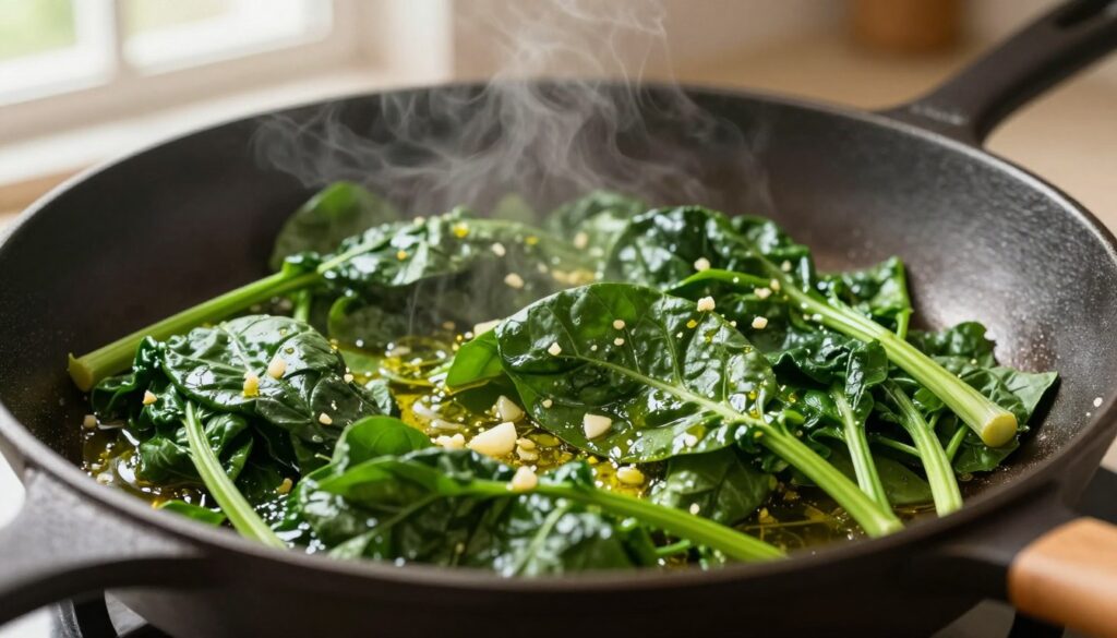 A close-up view of freshly cooked spinach sizzling in a frying pan, glistening with olive oil and sprinkled with minced garlic. The vibrant green leaves are beautifully wilted but still retain their vivid color, set against a warm kitchen background that subtly blurs to focus on the dish. The pan is cast iron, with steam gently rising, creating a cozy and inviting atmosphere. Soft, natural light filters in from a nearby window, highlighting the texture of the spinach and the sheen of the oil, while casting gentle shadows. A wooden spatula rests beside the pan, hinting at the preparation process. The overall mood is warm and appetizing, perfect for a culinary setting. A close-up view of freshly cooked spinach sizzling in a frying pan, glistening with olive oil and sprinkled with minced garlic. The vibrant green leaves are beautifully wilted but still retain their vivid color, set against a warm kitchen background that subtly blurs to focus on the dish. The pan is cast iron, with steam gently rising, creating a cozy and inviting atmosphere. Soft, natural light filters in from a nearby window, highlighting the texture of the spinach and the sheen of the oil, while casting gentle shadows. A wooden spatula rests beside the pan, hinting at the preparation process. The overall mood is warm and appetizing, perfect for a culinary setting.