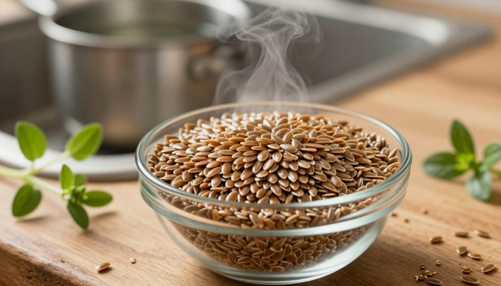 A close-up view of golden-brown flaxseeds (siemię lniane) in a glass bowl, showcasing their unique texture and sheen. The bowl is placed on a rustic wooden kitchen countertop. In the background, gentle steam rises from a small pot of warm water, hinting at the preparation process without boiling. Soft, natural lighting casts a warm glow, highlighting the seeds and creating a cozy atmosphere. A few flaxseed plants with delicate green leaves are arranged artistically around the bowl to enhance the organic feel. The lens focuses sharply on the seeds, with a slight blur on the background elements to draw attention to the foreground, evoking a sense of calm and simplicity in the cooking process. A close-up view of golden-brown flaxseeds (siemię lniane) in a glass bowl, showcasing their unique texture and sheen. The bowl is placed on a rustic wooden kitchen countertop. In the background, gentle steam rises from a small pot of warm water, hinting at the preparation process without boiling. Soft, natural lighting casts a warm glow, highlighting the seeds and creating a cozy atmosphere. A few flaxseed plants with delicate green leaves are arranged artistically around the bowl to enhance the organic feel. The lens focuses sharply on the seeds, with a slight blur on the background elements to draw attention to the foreground, evoking a sense of calm and simplicity in the cooking process.