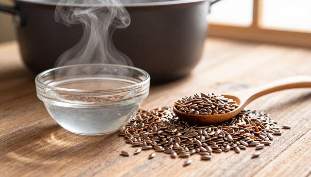 A close-up view of linseed seeds (siemię lniane) arranged artistically on a rustic wooden surface, showcasing their glossy texture and deep brown color. In the foreground, a small clear glass bowl filled with water contains soaked linseeds, glistening with moisture, alongside a wooden spoon resting beside it. The middle ground features a gently simmering pot with a soft, hazy steam rising, indicating the cooking process. In the background, warm, diffuse sunlight filters through a window, illuminating the scene and casting delicate shadows, creating a cozy, inviting atmosphere. The focus is sharp on the linseeds and bowl, while the pot and background retain a slightly blurred effect, adding depth to the composition. A close-up view of linseed seeds (siemię lniane) arranged artistically on a rustic wooden surface, showcasing their glossy texture and deep brown color. In the foreground, a small clear glass bowl filled with water contains soaked linseeds, glistening with moisture, alongside a wooden spoon resting beside it. The middle ground features a gently simmering pot with a soft, hazy steam rising, indicating the cooking process. In the background, warm, diffuse sunlight filters through a window, illuminating the scene and casting delicate shadows, creating a cozy, inviting atmosphere. The focus is sharp on the linseeds and bowl, while the pot and background retain a slightly blurred effect, adding depth to the composition.