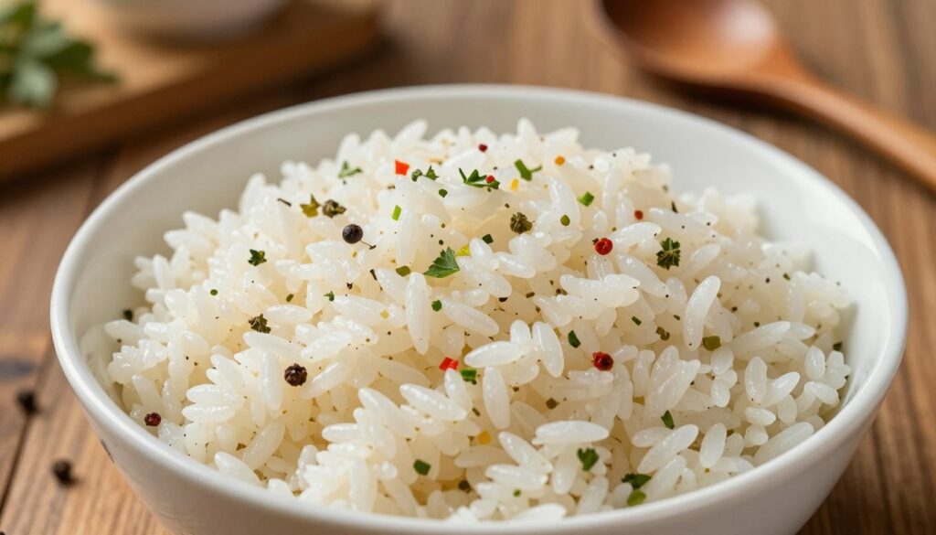 A close-up view of perfectly cooked fluffy rice, "ryż sypko," displayed in an elegant white bowl, showcasing the individual grains glistening under soft, natural light. The rice is surrounded by a colorful array of fresh herbs and spices, hinting at various culinary applications. In the background, slightly out of focus, a rustic wooden table and kitchen utensils enhance the homely atmosphere. The lighting is warm and inviting, accentuating the texture of the rice while creating subtle shadows for depth. The camera angle captures a slight overhead view, inviting the viewer to explore the vibrant presentation. The mood is serene and appetizing, ideal for highlighting the art of cooking rice to perfection.