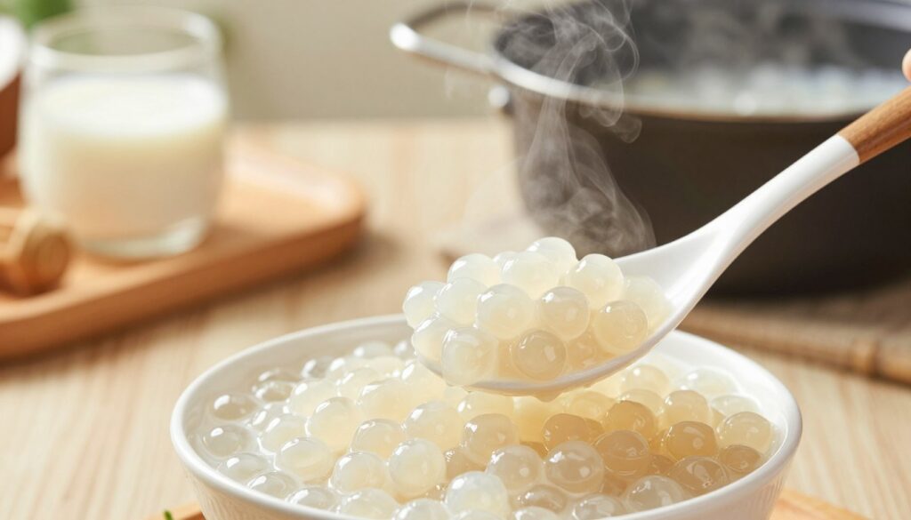 A close-up view of perfectly cooked tapioca pearls, glistening and translucent, showcasing their ideal chewy consistency. The foreground features a small bowl filled with tapioca pearls, with a spoon elegantly placed beside it. In the middle ground, a soft, blurred focus on the cooking process—steam rising from a pot in which the pearls have been freshly cooked, hinting at the method used to achieve the perfect texture. The background includes a wooden kitchen counter with ingredients like coconut milk and sweeteners arranged neatly, with soft, natural lighting that creates a warm and inviting atmosphere. The scene conveys a sense of culinary mastery, inspiring viewers to replicate the art of cooking tapioca flawlessly.
