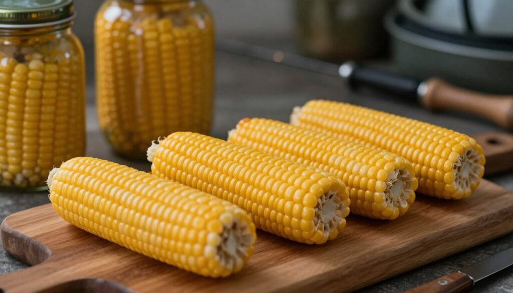 A close-up view of vibrant yellow corn kernels arranged neatly on a wooden cutting board, showcasing varying textures that imply different levels of softness. Surrounding the corn, a few rustic jars filled with fermenting corn in various stages, hinting at the process of preparation. Soft, warm evening light gently illuminates the scene, casting subtle shadows and enhancing the natural colors of the corn and wood. In the background, a blurred, out-of-focus kitchen setting with hints of fishing gear and tools, creating an atmosphere of anticipation for a successful fishing trip. The overall mood is cozy and inviting, emphasizing the natural beauty of the corn as an effective bait option.