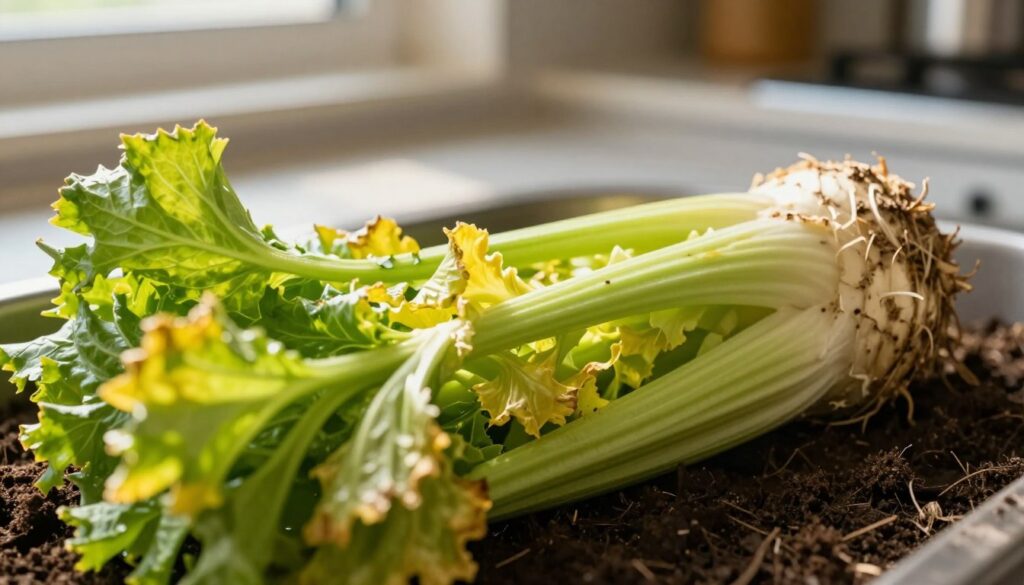 A close-up view of wilting celery stalks, displaying their drooping leaves and softening textures. In the foreground, emphasize the curled, yellowing edges of the leaves, highlighting the loss of moisture. In the middle ground, depict the celery root, partially buried in rich, dark soil, showcasing signs of deterioration. The background consists of a softly blurred kitchen countertop with subtle hints of fresh vegetables to create contrast. Utilize warm, natural lighting to evoke a cozy atmosphere, possibly showcasing morning sunlight filtering through a nearby window. The angle should be slightly overhead, capturing the detail and decline of the celery while maintaining a focus on its organic form.