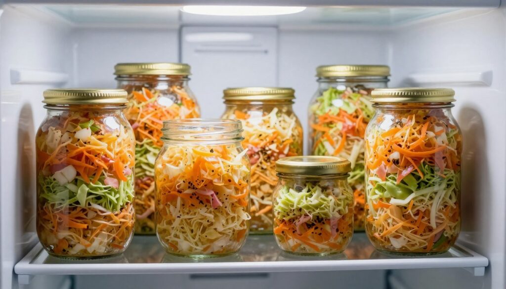 A collection of glass jars filled with vibrant, crunchy sauerkraut, neatly arranged on a wooden shelf inside a modern refrigerator. The jars are varied in size, showcasing the colorful layers of shredded cabbage mixed with spices and herbs, glistening slightly in the cool light of the fridge. In the foreground, soft, focused lighting highlights the texture of the sauerkraut, while the middle ground features a few jars with their lids off, suggesting freshness. The background reveals the sleek design of the fridge, enhancing the contemporary kitchen atmosphere. The overall mood is fresh, clean, and inviting, conveying the essence of preserving the flavor and crunch of homemade sauerkraut.
