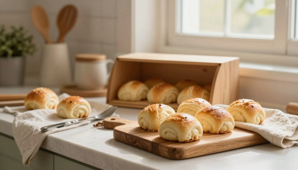 A cozy kitchen scene featuring a baking counter with a variety of freshly baked pastries, including soft, fluffy yeast rolls. In the foreground, a few rolls are placed on a rustic wooden cutting board, some wrapped in a clean cloth to illustrate proper storage methods. In the middle, a slightly open bread box made of natural wood suggests a safe storage environment. The background shows warm, soft lighting filtering through a kitchen window, creating a welcoming atmosphere. An assortment of kitchen utensils and a subtle green plant add a fresh touch to the scene. The overall mood conveys comfort and warmth, emphasizing the importance of proper storage to maintain softness and prevent dryness in baked goods.