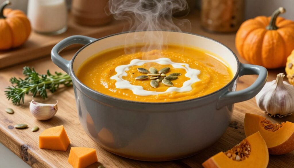 A cozy kitchen scene featuring a large, steaming pot of creamy pumpkin soup (zupa dyniowa) on a rustic wooden countertop. The pot is filled with vibrant orange soup, garnished with a drizzle of cream and sprinkled with pumpkin seeds. Surrounding the pot are fresh ingredients, including chopped pumpkin, garlic, and herbs. Soft, warm lighting creates a homely atmosphere, highlighting the rich textures of the soup and the natural wood grain of the countertop. In the background, a blurred glimpse of autumn-themed decor, such as small pumpkins and cooking utensils, adds depth to the image. A focus on the soup emphasizes its inviting, comforting nature, suitable for an autumn meal.