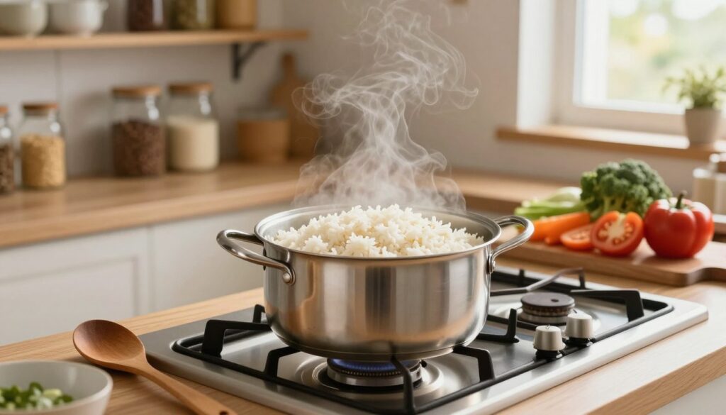 A cozy kitchen scene featuring a stainless steel pot filled with perfectly cooked fluffy rice, steam gently rising from the pot. In the foreground, there are utensils like a wooden spoon and a bowl, ready for serving. The middle ground showcases the pot on a gas stove, surrounded by an array of colorful vegetables and spices, emphasizing an organized cooking area. Soft, warm lighting fills the scene, creating a welcoming atmosphere. The background includes neatly arranged kitchen shelves with jars of grains and a small window letting in natural light, hinting at a sunny day outside. The overall mood conveys a sense of calm and readiness, ideal for an enjoyable cooking experience.