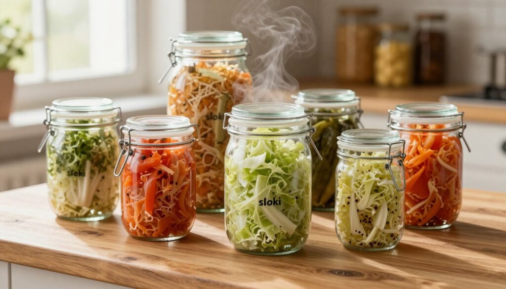 A cozy kitchen scene featuring an assortment of glass jars, or "słoiki," filled with vibrant, colorful sauerkraut. The jars should be neatly arranged on a rustic wooden countertop, each with a secure lid to emphasize the theme of airtight storage. In the foreground, show close-up details of the jars—clusters of fresh cabbage and spices visible inside. The middle ground should capture a larger jar, slightly open, with steam gently wafting, symbolizing the “breathing” of the fermentation process. Soft, warm natural light filters in from a nearby window, creating a welcoming atmosphere. The background should include a blurred kitchen shelf with additional pickling ingredients, enhancing the homey feel. Overall, aim for a clean, inviting, and informative composition symbolizing preservation and freshness.