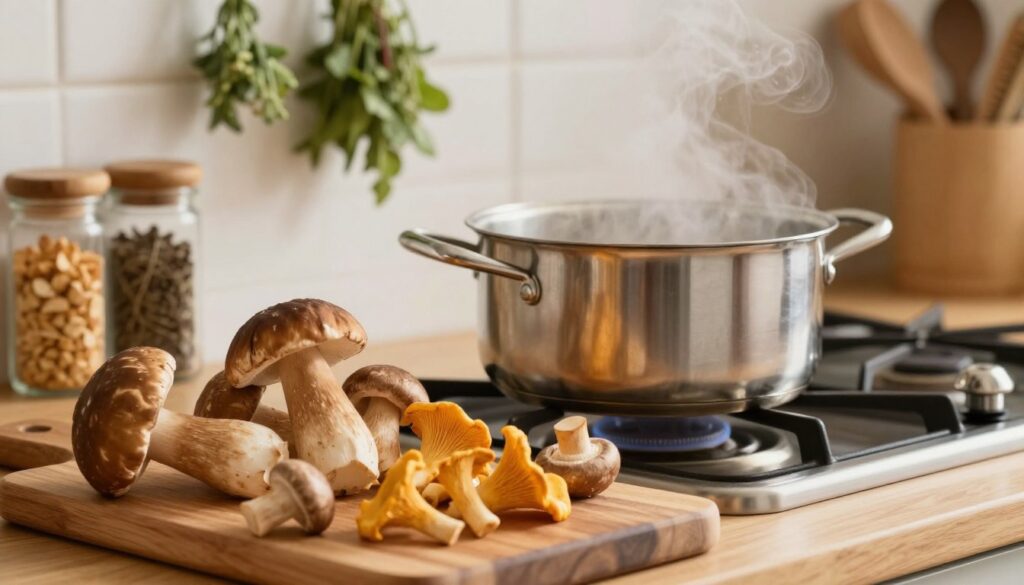 A cozy kitchen scene featuring fresh mushrooms being prepared for cooking. In the foreground, there's a wooden cutting board with an assortment of wild mushrooms such as porcini, chanterelles, and button mushrooms, all vibrant and fresh. A stainless-steel pot filled with boiling water simmers on the stove in the middle ground, steam rising gently into the air. The background shows rustic kitchen elements like spice jars and hanging herbs, bathed in warm, soft lighting. The overall atmosphere is inviting and homely, conveying a sense of care and skill in cooking. Shot with a shallow depth of field to emphasize the mushrooms and pot, creating a detailed yet soft-focus background.