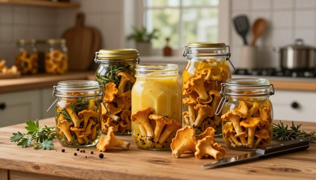A cozy kitchen scene featuring jars filled with bright golden chanterelle mushrooms (kurki) in various preservation methods: one jar marinated with herbs and spices, another in a rich buttery concoction, and a third submerged in brine. The foreground showcases a wooden table adorned with fresh herbs, spices, and a knife, while the middle ground displays the jars attractively arranged with some mushrooms spilling from them. A warm, inviting light filters through a window, casting soft shadows and creating a homely atmosphere. In the background, shelves filled with more jars and kitchen utensils enhance the rustic feel. Use a shallow depth of field to blur the background slightly, drawing focus to the vibrant mushrooms and their containers.