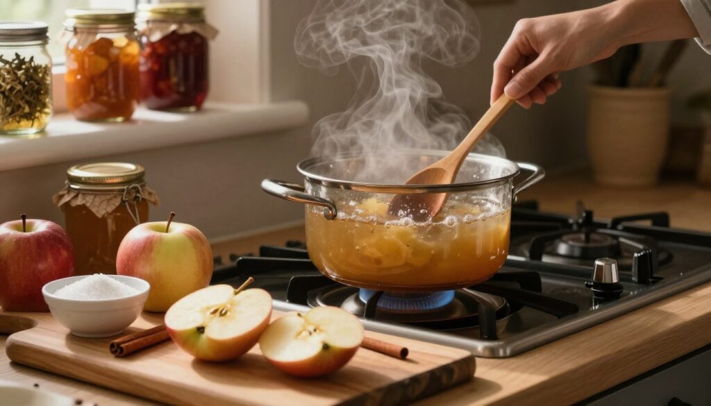 A cozy kitchen scene focusing on the preparation of apple compote. In the foreground, a wooden cutting board displays fresh, sliced apples and a small bowl of sugar, with a cinnamon stick resting nearby. The middle ground features a bubbling pot on a stove, steam rising delicately, and a wooden spoon stirring the mixture. Soft, warm lighting casts a gentle glow over the scene, enhancing the inviting atmosphere. In the background, shelves filled with jars of homemade preserves and dried herbs create a charming ambiance. The overall mood is comforting and homely, capturing the essence of cooking with love and care.