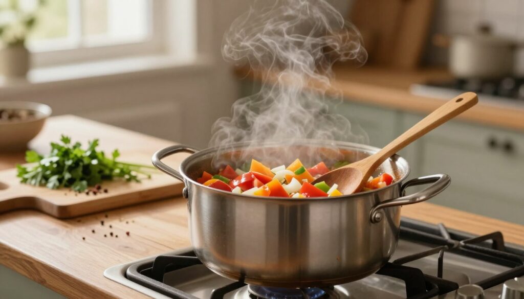 A cozy kitchen scene highlighting the technique of one-pot cooking for leczo. Central in the foreground, a large, shiny, stainless steel pot sits on a gas burner, filled with colorful diced vegetables like bell peppers, tomatoes, and onions, gently simmering with steam rising. Include a wooden spoon resting on the edge of the pot, suggesting recent stirring. In the middle ground, a rustic wooden countertop displays some chopped herbs like parsley and spices, with a soft-focus cutting board next to it. The background features a warm, inviting kitchen with soft, ambient lighting; the light streams in from a window, creating a welcoming atmosphere. Capture the mood of a home-cooked meal, emphasizing warmth, flavor, and the artistry of cooking. The scene should be photographed at eye level with a slight depth of field to highlight the pot and vegetables, inviting viewers into the cooking experience.