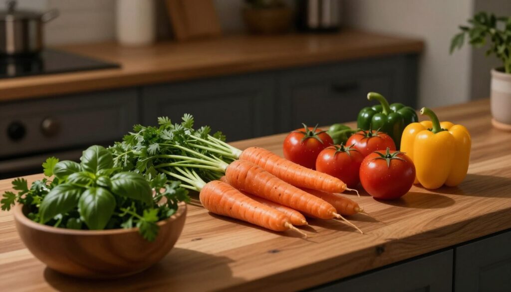 A cozy kitchen scene showcasing a wooden countertop with an array of fresh vegetables, like carrots, tomatoes, and bell peppers, arranged artfully. The background features a dimly lit, dark cabinet emphasizing the concept of room temperature storage. Soft, warm lighting casts gentle shadows and highlights the vibrant colors of the vegetables. A natural wooden bowl is subtly placed in the foreground, filled with herbs like basil and parsley for added freshness. The angle is slightly elevated to capture both the countertop and the cabinet, creating a sense of depth. The atmosphere feels inviting and homely, reflecting a sustainable and mindful approach to storing vegetables outside the fridge. A cozy kitchen scene showcasing a wooden countertop with an array of fresh vegetables, like carrots, tomatoes, and bell peppers, arranged artfully. The background features a dimly lit, dark cabinet emphasizing the concept of room temperature storage. Soft, warm lighting casts gentle shadows and highlights the vibrant colors of the vegetables. A natural wooden bowl is subtly placed in the foreground, filled with herbs like basil and parsley for added freshness. The angle is slightly elevated to capture both the countertop and the cabinet, creating a sense of depth. The atmosphere feels inviting and homely, reflecting a sustainable and mindful approach to storing vegetables outside the fridge.