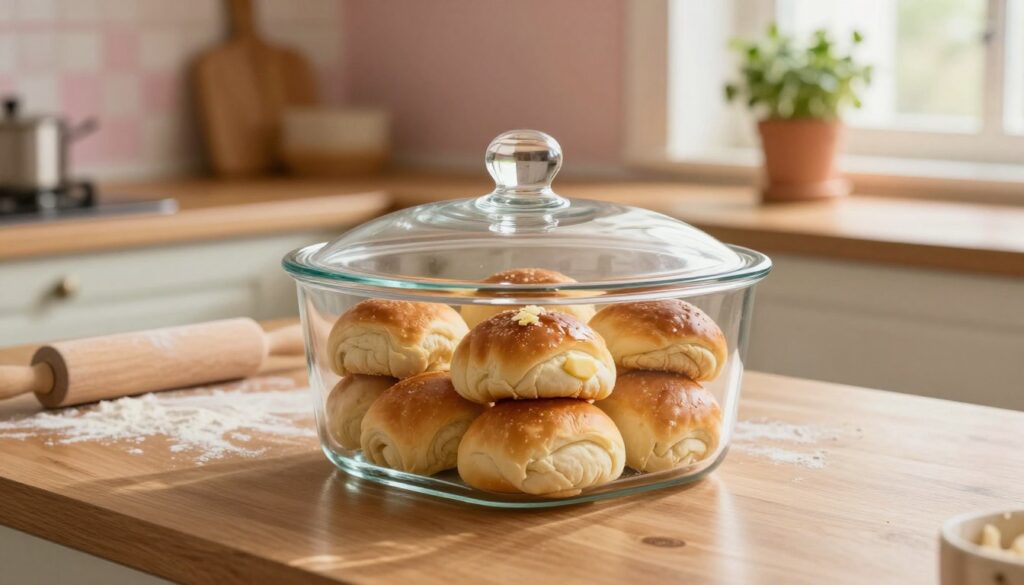 A cozy kitchen scene showcasing freshly baked yeast rolls stored at room temperature. In the foreground, a clear glass container with a tightly sealed lid is filled with soft, golden-brown rolls, their surface glistening lightly with a hint of butter. The middle ground features a wooden countertop adorned with flour and a rolling pin, reflecting a homey atmosphere. In the background, warm, soft lighting casts gentle shadows, highlighting the inviting colors of the kitchen décor, such as pastel walls and a potted herb on the window sill. Capture this image from a slightly elevated angle to emphasize the rolls and the warm kitchen ambiance, evoking a sense of comfort and homeliness.