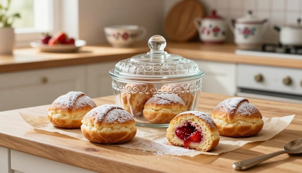 A cozy kitchen scene showcasing freshly made pączki, beautifully arranged on a wooden countertop. The foreground features a couple of pączki dusted with powdered sugar, with one half-cut to reveal a rich strawberry filling. In the middle, an ornate glass container with a lid is styled to protect the pastries for freshness, surrounded by parchment paper. The background presents a quaint kitchen shelf with traditional Polish kitchenware, and subtle warm sunlight streaming through a window, casting gentle shadows. The overall mood is inviting and homely, evoking a sense of comfort and delicious anticipation. The image should be bright and inviting, focusing on the pączki and their storage method, without any text or distractions.