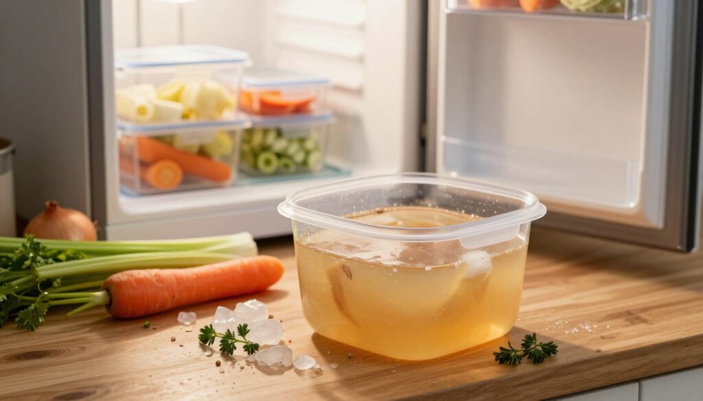 A cozy kitchen scene showcasing the method of freezing chicken broth. In the foreground, a clear, labeled container filled with shimmering, freshly frozen broth sits on a wooden countertop, surrounded by ice crystals and small herbs for garnish. In the middle, a colorful array of vegetables like carrots, celery, and onions lies nearby, hinting at the ingredients used in the broth. In the background, a modern freezer door is slightly ajar, with other frozen containers visible, creating a sense of organization. Soft, warm lighting illuminates the scene, casting gentle shadows that evoke a homey atmosphere. The angle should be slightly tilted downward to focus on the broth, emphasizing texture and the freshness of the ingredients. A cozy kitchen scene showcasing the method of freezing chicken broth. In the foreground, a clear, labeled container filled with shimmering, freshly frozen broth sits on a wooden countertop, surrounded by ice crystals and small herbs for garnish. In the middle, a colorful array of vegetables like carrots, celery, and onions lies nearby, hinting at the ingredients used in the broth. In the background, a modern freezer door is slightly ajar, with other frozen containers visible, creating a sense of organization. Soft, warm lighting illuminates the scene, casting gentle shadows that evoke a homey atmosphere. The angle should be slightly tilted downward to focus on the broth, emphasizing texture and the freshness of the ingredients.