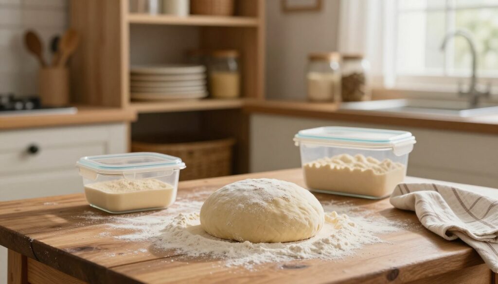 A cozy kitchen scene showcasing the process of storing yeast dough after it has cooled. In the foreground, a rustic wooden table features a round, fluffy yeast dough ball, lightly dusted with flour, surrounded by airtight containers and a kitchen towel. In the middle, an open cupboard reveals neatly stacked baking tools and jars of ingredients, enhancing the homely atmosphere. The background shows warm, soft lighting cascading from a window, creating gentle shadows that evoke a sense of comfort and warmth. The overall mood is inviting and serene, perfect for illustrating the meticulous care involved in preserving the dough's fluffiness. The image should emphasize simplicity and a clear depiction of proper storage methods without any people present.
