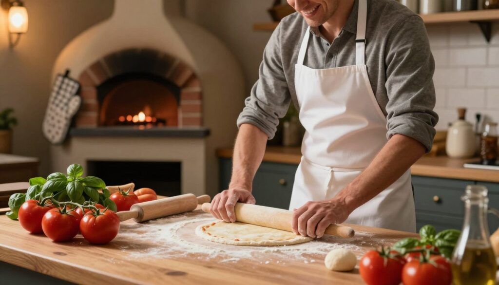 A cozy kitchen scene showcasing the step-by-step preparation of a thick crust pizza. In the foreground, a wooden countertop is adorned with fresh ingredients: vibrant red tomatoes, green basil leaves, and a ball of dough ready to be shaped. A rolling pin and flour dust the surface. In the middle ground, a professional chef, in a neat white apron and casual attire, skillfully stretches the dough while smiling, exuding a sense of joy and expertise. In the background, oven mitts hang beside a brick oven, and the warm, ambient light bathes the scene, creating an inviting atmosphere. The angle captures both the details of the pizza preparation and the cozy kitchen environment, emphasizing a home-cooking feel with no distractions or text overlays. A cozy kitchen scene showcasing the step-by-step preparation of a thick crust pizza. In the foreground, a wooden countertop is adorned with fresh ingredients: vibrant red tomatoes, green basil leaves, and a ball of dough ready to be shaped. A rolling pin and flour dust the surface. In the middle ground, a professional chef, in a neat white apron and casual attire, skillfully stretches the dough while smiling, exuding a sense of joy and expertise. In the background, oven mitts hang beside a brick oven, and the warm, ambient light bathes the scene, creating an inviting atmosphere. The angle captures both the details of the pizza preparation and the cozy kitchen environment, emphasizing a home-cooking feel with no distractions or text overlays.