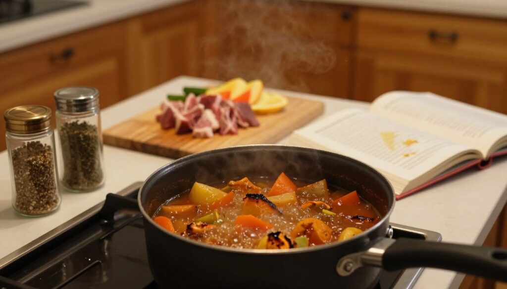A cozy kitchen scene with a pot of goulash on the stove, showing various common mistakes in the cooking process. In the foreground, the pot is bubbling with vegetables slightly burnt at the edges, while seasoning containers are haphazardly placed nearby. In the middle, there's a cutting board with unevenly chopped meat and vegetables, illustrating a lack of preparation. On the counter, an open recipe book shows smudged pages. The background features warm wooden cabinetry and soft, warm light illuminating the scene, evoking a comforting yet slightly chaotic atmosphere. A subtle depth of field brings focus to the goulash, highlighting the textures of the ingredients, as if capturing a candid moment in the cooking journey.