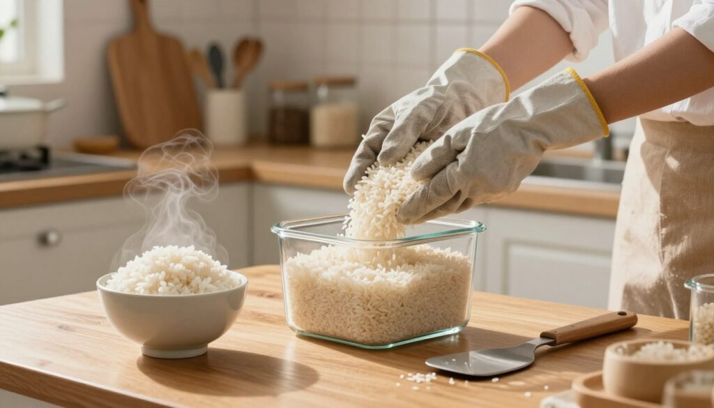 A cozy kitchen scene with a wooden table in the foreground, where a steaming bowl of freshly cooked rice is placed next to a clear glass container filled with rice for storage. In the middle, a pair of hands in modest casual gloves carefully transfer the rice into the container, emphasizing the steps of safe storage. A spatula rests nearby, and sunlight streams through a window, casting a warm glow over the kitchen. In the background, shelves lined with various kitchen utensils and jars create a homely atmosphere. The image captures the essence of practical kitchen care, showcasing step-by-step rice storage while maintaining an inviting and clean environment, perfect for illustrating food safety and preservation techniques. A cozy kitchen scene with a wooden table in the foreground, where a steaming bowl of freshly cooked rice is placed next to a clear glass container filled with rice for storage. In the middle, a pair of hands in modest casual gloves carefully transfer the rice into the container, emphasizing the steps of safe storage. A spatula rests nearby, and sunlight streams through a window, casting a warm glow over the kitchen. In the background, shelves lined with various kitchen utensils and jars create a homely atmosphere. The image captures the essence of practical kitchen care, showcasing step-by-step rice storage while maintaining an inviting and clean environment, perfect for illustrating food safety and preservation techniques.