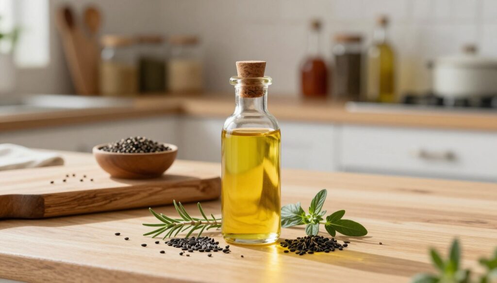 A cozy kitchen setting featuring a beautifully arranged display of black seed oil bottles on a wooden countertop. In the foreground, a small, elegant glass bottle catches the warm sunlight, showcasing the rich, golden color of the oil. Surrounding the bottle are sprigs of black cumin seeds and a few fresh herbs, hinting at the oil’s natural origins. In the middle ground, a rustic wooden cutting board and a small bowl of seeds add texture, while a gentle, blurred background depicts shelves filled with spices and other cooking essentials. Soft, natural lighting creates a serene and inviting atmosphere, emphasizing freshness and home care. The scene conveys a sense of warmth and vitality, encouraging proper storage techniques for preserving the oil’s qualities. A cozy kitchen setting featuring a beautifully arranged display of black seed oil bottles on a wooden countertop. In the foreground, a small, elegant glass bottle catches the warm sunlight, showcasing the rich, golden color of the oil. Surrounding the bottle are sprigs of black cumin seeds and a few fresh herbs, hinting at the oil’s natural origins. In the middle ground, a rustic wooden cutting board and a small bowl of seeds add texture, while a gentle, blurred background depicts shelves filled with spices and other cooking essentials. Soft, natural lighting creates a serene and inviting atmosphere, emphasizing freshness and home care. The scene conveys a sense of warmth and vitality, encouraging proper storage techniques for preserving the oil’s qualities.