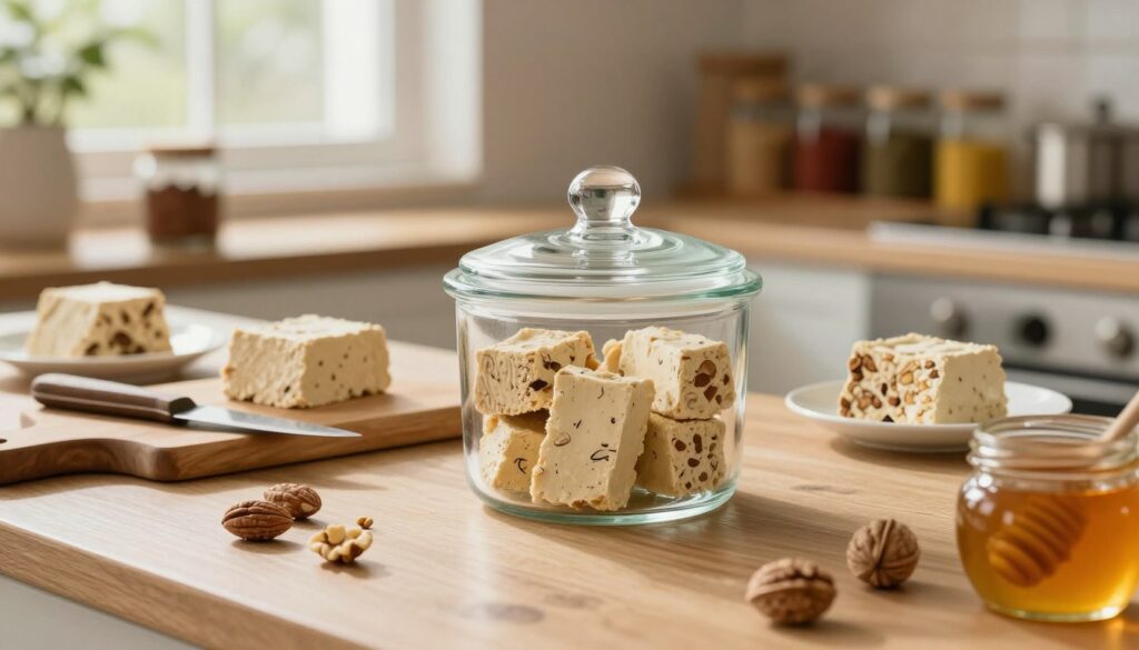 A cozy kitchen setting featuring a beautifully arranged display of halva, showcasing various flavors and textures. In the foreground, a glass container with a tightly sealed lid protects the halva, highlighting its freshness and preventing drying out. Surround the container with fresh ingredients like nuts and honey to emphasize quality. In the middle ground, a wooden cutting board with a knife and small tasting plates adorned with halva pieces adds a rustic touch. As the background, softly blurred shelves filled with spice jars and a warm, inviting atmosphere created by soft natural light streaming in through a window. The overall mood is warm and homely, evoking a sense of care and culinary expertise in preserving the deliciousness of halva.