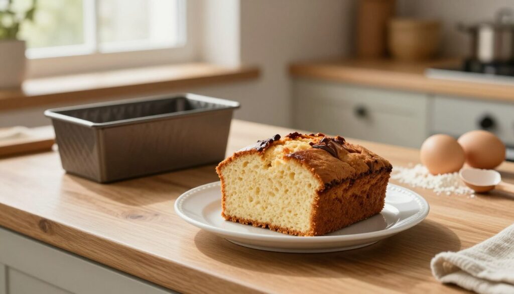 A cozy kitchen setting featuring a beautifully displayed cake on a wooden countertop, surrounded by simple, inviting kitchenware. In the foreground, the cake appears perfectly moist with a subtle sheen, sliced to reveal its fluffy texture, resting on a delicate white plate. The middle ground showcases a warm loaf tin and a few loose ingredients like flour and eggs, hinting at the baking process. In the background, a softly lit window lets in natural light, illuminating the warm tones of rustic cabinets and emphasizing a homey atmosphere. A gentle, inviting mood permeates the image, evoking a sense of comfort and care in food storage.