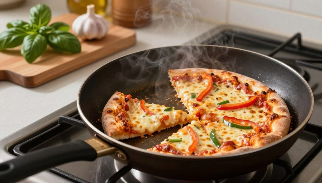 A cozy kitchen setting featuring a skillet on a stovetop, with a delicious slice of pizza sizzling in the pan. The pizza is topped with melted cheese, vibrant peppers, and a golden crust, showcasing the process of reheating to regain its crispiness. Warm, soft lighting illuminates the scene, highlighting the steam rising from the skillet, creating an inviting atmosphere. In the background, a cutting board with fresh ingredients like basil and garlic adds a touch of color and freshness. The composition uses a slightly overhead angle to capture both the pizza and the skillet in focus, emphasizing the cooking technique while evoking a homely, delicious vibe. No people are present in the image.