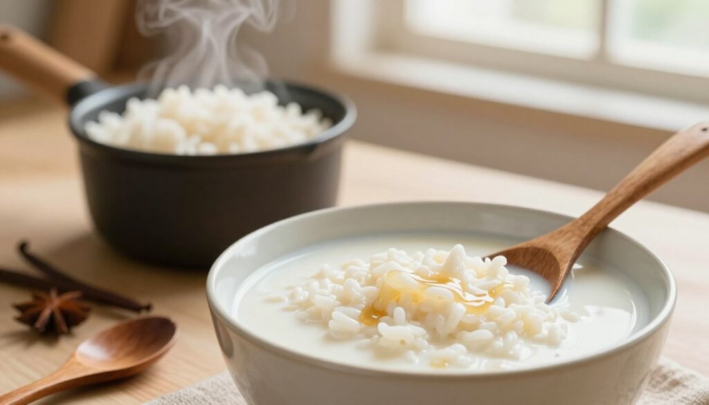 A creamy bowl of rice cooked in milk, showcasing its soft, velvety texture. In the foreground, a wooden spoon rests beside the bowl, highlighting the creamy surface glistening with a hint of sweetness. The middle ground features a small pot with rice simmering, steam gently rising, and a few scattered ingredients like vanilla beans and fresh cinnamon sticks to hint at flavor enhancements. The background is a softly blurred kitchen setting, warm and inviting, with warm natural light illuminating the scene through a nearby window. The overall mood is cozy and comforting, evoking the warmth of home-cooked meals, perfect for a nurturing culinary experience.